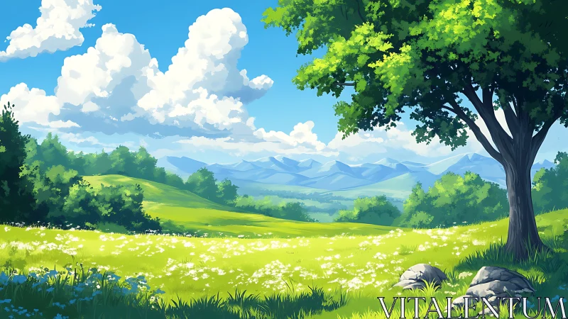 Sunlit meadow opens to distant blue mountains under clouds