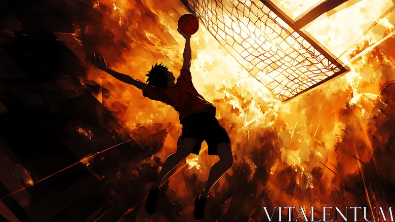 Fiery basketball dunk captured from a dramatic low angle.