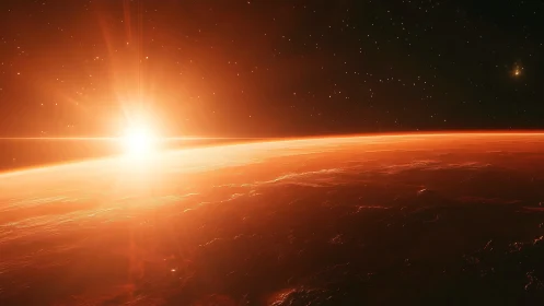 Solar dawn ignites a molten-red alien horizon in silence.