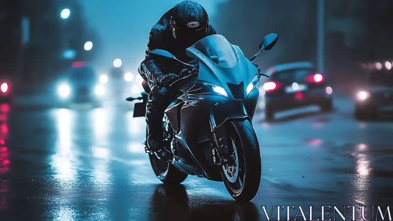 Night rider slicing through neon-lit rainy city street.