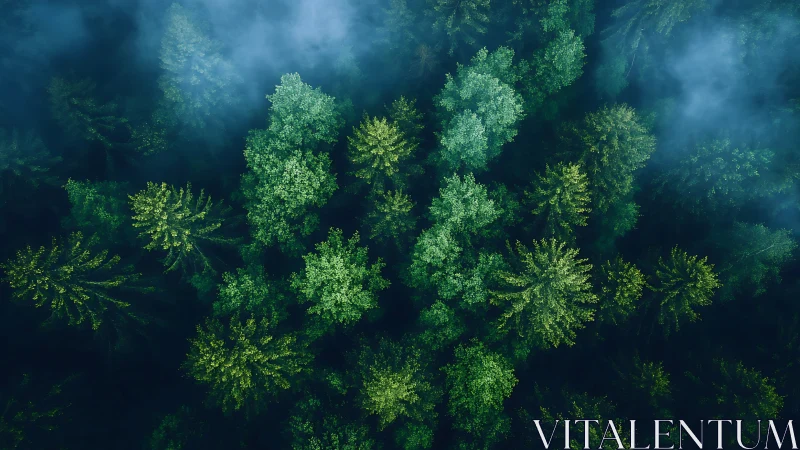 Lush green forest canopy in morning mist, aerial nature photography.