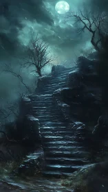 Moonlit stone stairway climbs through dark barren hillside