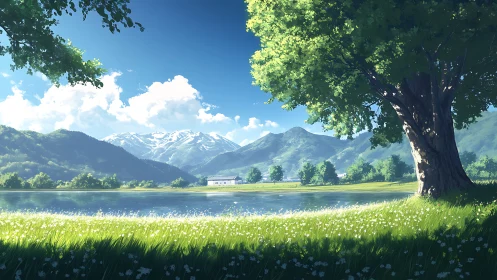 Lakeside hush beneath a storytelling tree of summer light.