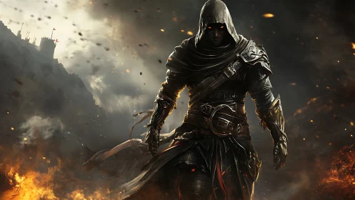 Hooded armored figure walking through burning battlefield.