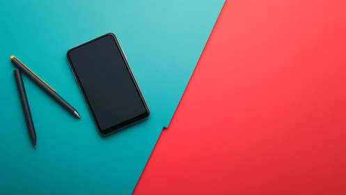 Smartphone and stylus on split turquoise-coral background.