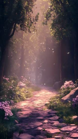 Enchanted forest path with golden light and pink blooms.