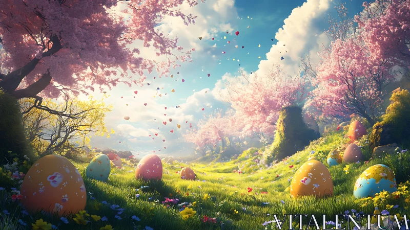 Painted spring eggs bask under drifting petals and sunlit clouds