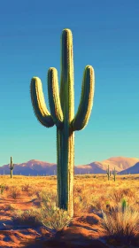 Vertical saguaro cactus dominates stylized desert landscape at dusk
