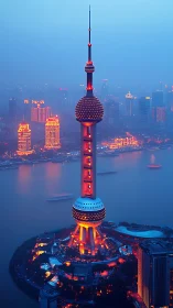 Neon-lit Oriental Pearl Tower dominates foggy high-rise skyline