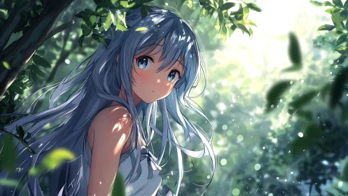 Silver haired anime girl in dappled forest light portrait.