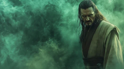 Robe-clad male figure before dense green swirling mist.