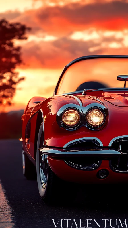 Low-angle sunset view isolates classic red roadster front profile