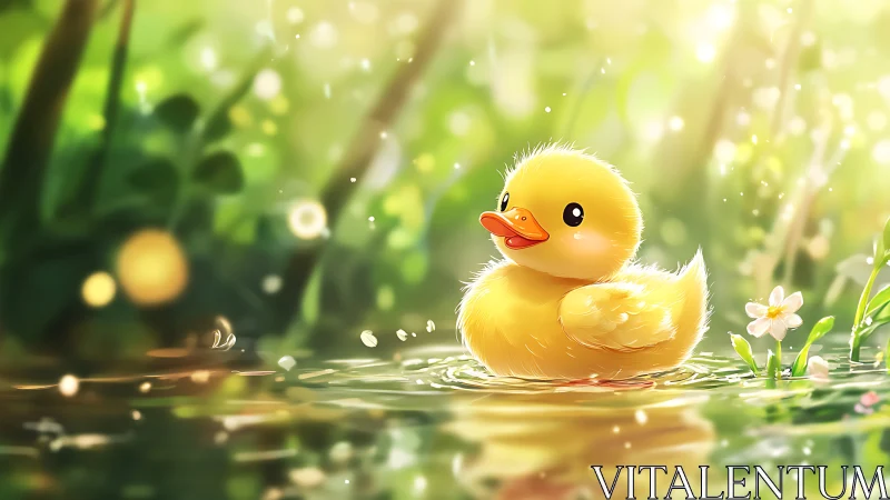 Duckling floats in bright pond with soft glowing bokeh