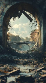 Ruined stone archway frames distant collapsed bridges
