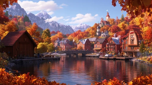 Crimson lakeside village bathing in storybook autumn light.