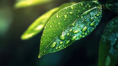 Dewdrops glisten on vibrant green leaf in soft morning light.