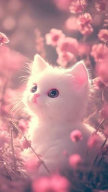 White Cat Surrounded by Pink Blossoms and Soft Light