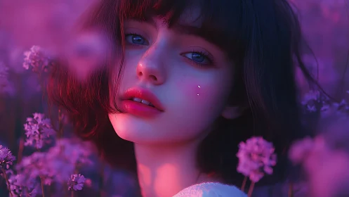 Soft twilight portrait in a dreamy lilac flower meadow.