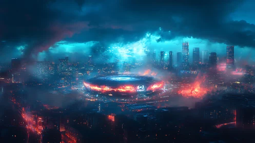 Aerial analysis of neon-drenched stadium nexus in stormed megacity.