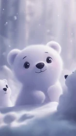 Cute baby polar bears stand in soft glowing winter snow