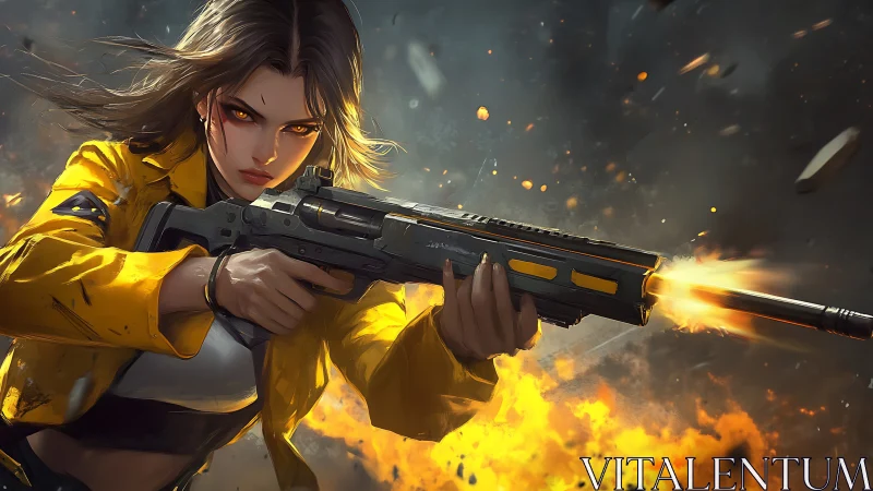 Fierce female gunner charging through explosive battlefield.