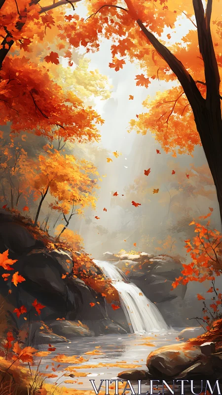 Golden autumn waterfall glows softly through swirling leaves