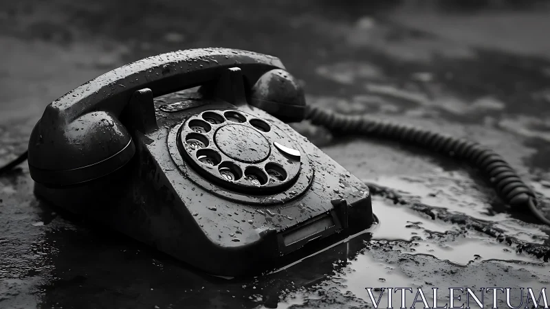 Vintage rotary phone lies abandoned in reflective rain.