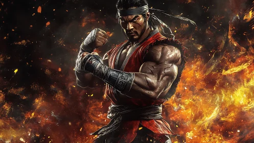 Fierce martial artist holds a powerful stance amid swirling fire