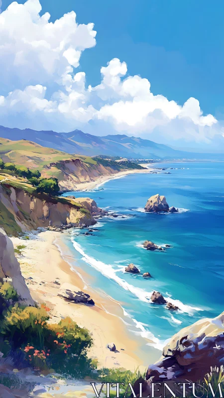 Sunlit coastal bluffs with turquoise surf and distant headlands.