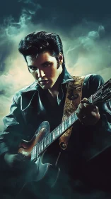 Digital painting of moody rock guitarist in smoky chiaroscuro.