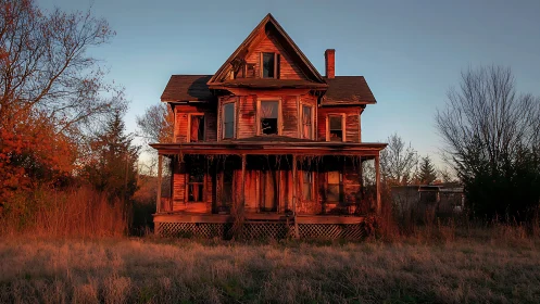 Two story abandoned wooden house stands in evening sunlight