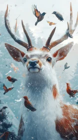 Majestic winter stag stands calm amid swirling songbirds