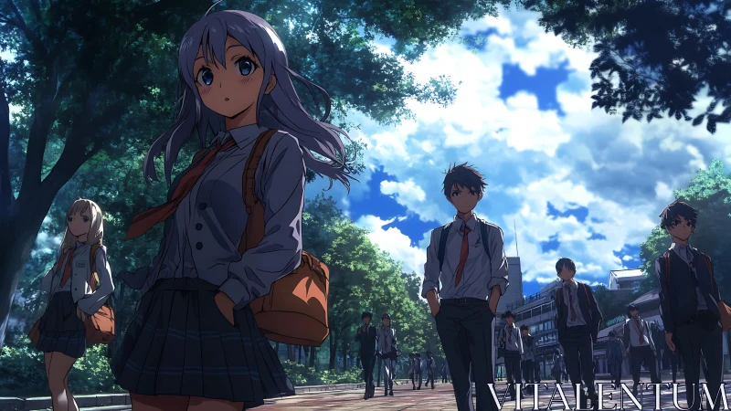 Group of uniformed students walking on tree-lined campus path.