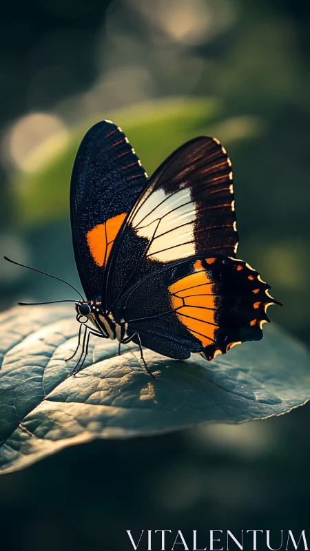 Sunlit butterfly rests softly on a leaf in quiet forest light