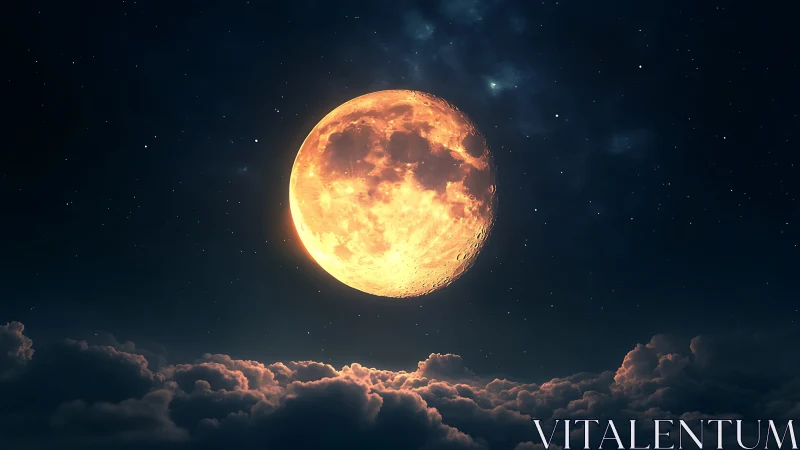 Luminous full moon rendered above volumetric night clouds in space