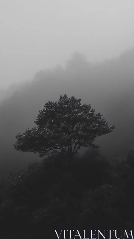 Monochrome lone tree silhouette in fog-drenched hillside composition.