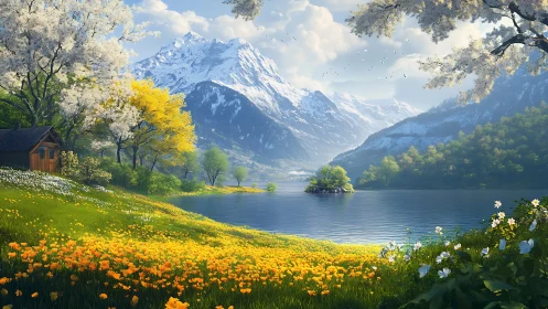 Springtime lake and snowy peaks in a bright alpine valley.