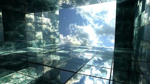 Glass mirrored courtyard interior reflects partial cloudy sky