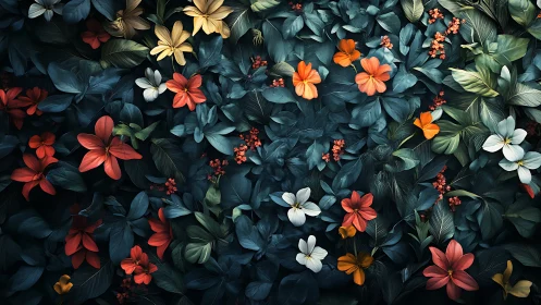 Multi-hue florals with darkened foliage composed in dense overlapping arrangement