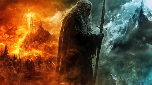 Stoic elven warrior between fire and ice kingdoms.