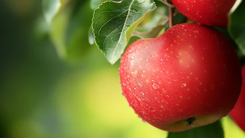 High-saturation macro study of dew-covered ripe red orchard apple
