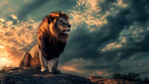 Sunset mane monarch guarding a storm-lit savanna throne.