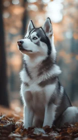 Portrait shows husky dog seated on forest floor in autumn