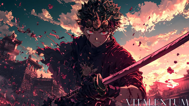 Crimson dusk crowns the rogue swordsman with burning resolve