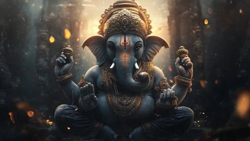 Lord Ganesha statue glows within ancient temple chamber