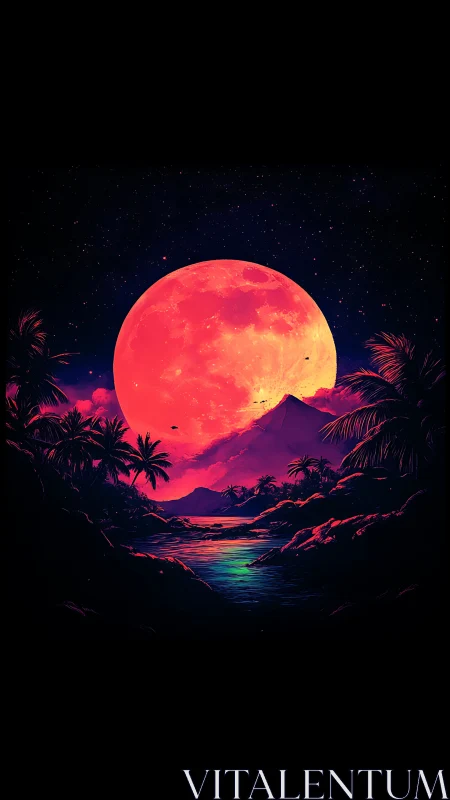 Neon tropical lagoon glows under an enormous crimson moon
