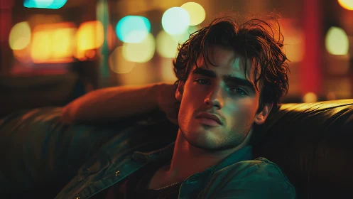 Moody young man on leather sofa under neon city glow.