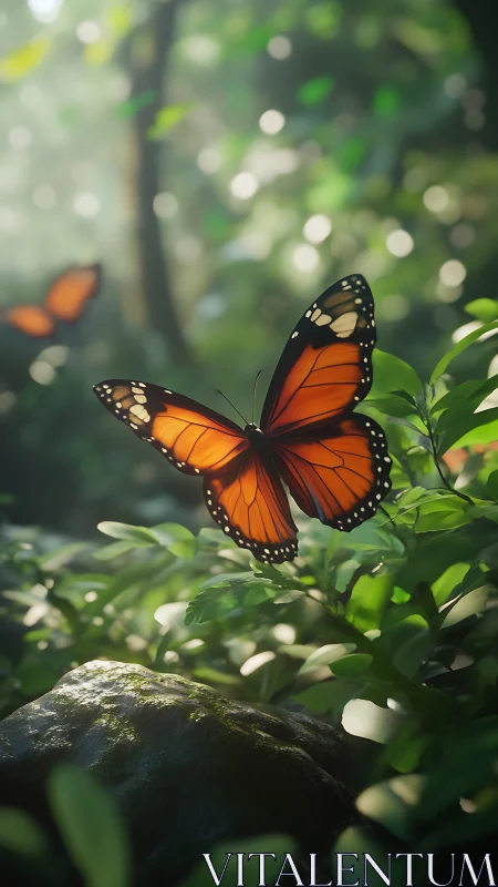 Shallow-depth render of monarch butterfly hovering above wet foliage