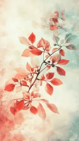 Red foliage branch over soft pastel abstract background.