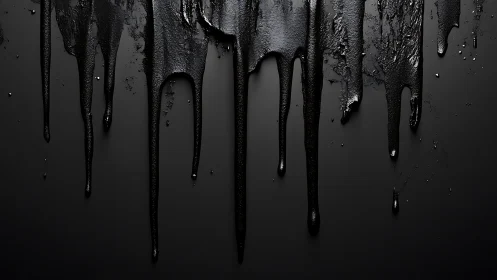 Glossy black liquid drips down a smooth dark surface.